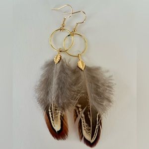 Boho feather earrings - pheasant feathers - gold plated brass - handcrafted